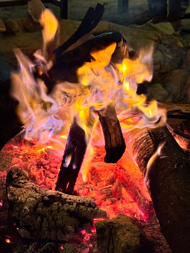 logs burning in an open fire, flames and embers